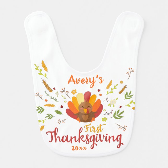 Personalizable First Thanksgiving cute turkey Baby Bib (Front)