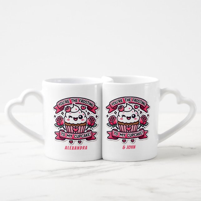 Personalizable "Frosting to My Cupcake" Couple's Coffee Mug Set (Front Nesting)