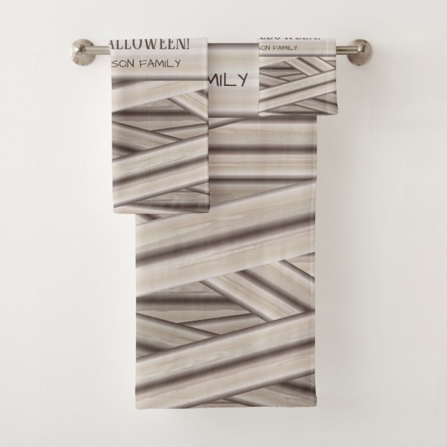 Personalizable Halloween Mummy Stripes Family Name Bath Towel Set (Insitu)