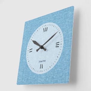 personalizable Light Blue Faux Linen Print Square Wall Clock