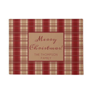 Personalizable Name Red And Beige Plaid Christmas Doormat
