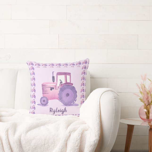 Personalizable Pink and Purple Watercolor Tractor  Throw Pillow (Couch)
