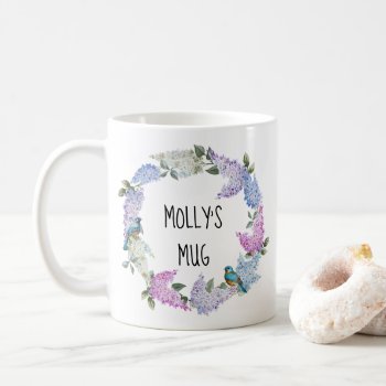 Personalizable Purple Lilac Wreath And Bluebirds Coffee Mug by Home_Suite_Home at Zazzle