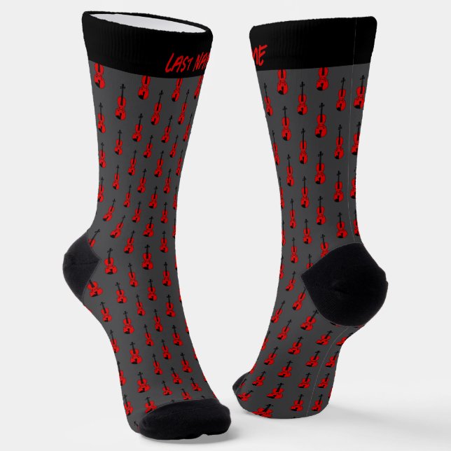 Personalizable Red Violin Pattern Socks (Angled)