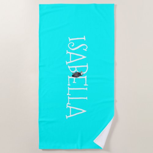 Personalizable Turquoise Puffin Beach Towel
