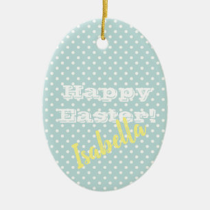 Personalizable Vintage Blue Polka Dot Happy Easter Ceramic Ornament