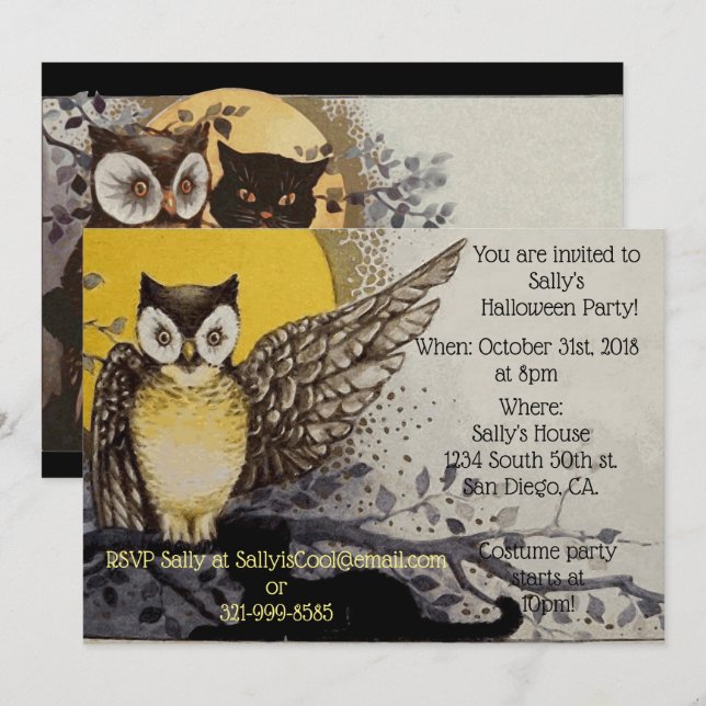 Personalizable Vintage Owl Halloween Party Invitation (Front/Back)