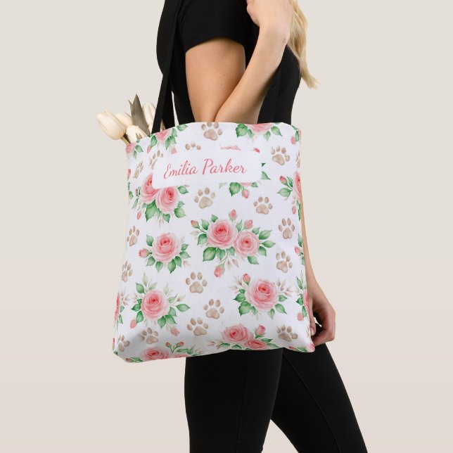 Personalizable Watercolor Rose and Paw Print Tote  (Close Up)