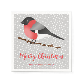 Personalizable Winter Bird &amp; Merry Christmas Text Napkins
