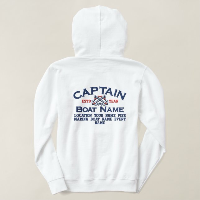 Personalizable YEAR and Names Captain Anchors Embroidered Hoodie (Design Back)