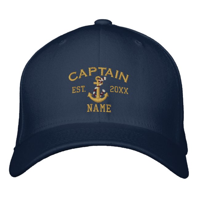 Personalizable YEAR and Names Captain Rope Anchor Embroidered Baseball Cap (Front)