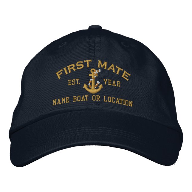Personalizable YEAR and Names First Mate Anchor Embroidered Baseball Hat (Front)
