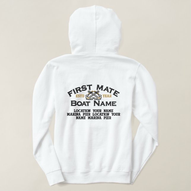 Personalizable YEAR and Names First Mate Anchors Embroidered Hoodie (Design Back)