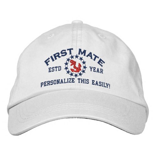 Personalizable YEAR and Names First Mate Yacht Embroidered Baseball Cap