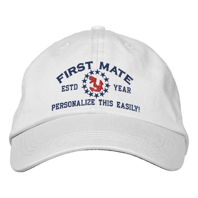 Personalizable YEAR and Names First Mate Yacht Embroidered Baseball Cap (Front)