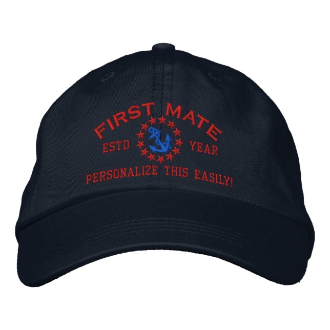 Personalizable YEAR and Names First Mate Yacht Embroidered Baseball Hat (Front)