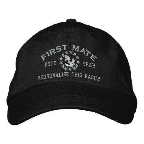 Personalizable YEAR and Names First Mate Yacht Embroidered Baseball Hat