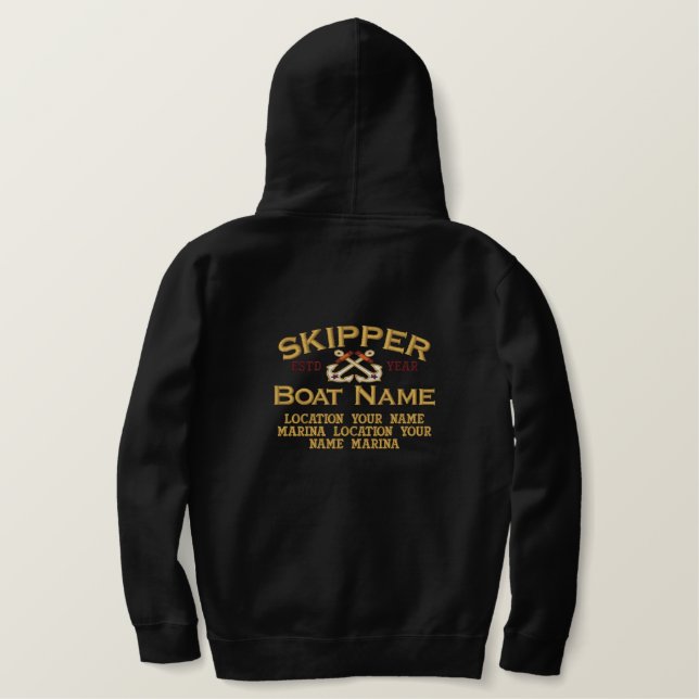 Personalizable YEAR and Names Skipper Anchors Embroidered Hoodie (Design Back)