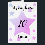 Personalizado Feliz Cumpleaños<br><div class="desc">This personalized birthday card in Spanish says Feliz Cumpleaños on the front and features scattered pink purple stars. You can easily personalize the big star with her age and name underneath the star. The inside card message can also be easily personalized if you wanted. The back of the Spanish birthday...</div>