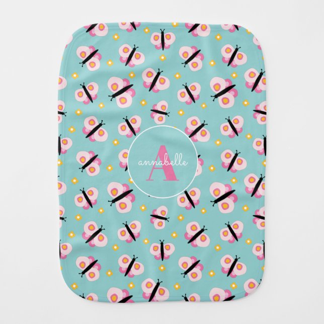 Personalizd Monogram Butterfly Daisy Pattern Named Baby Burp Cloth (Front)
