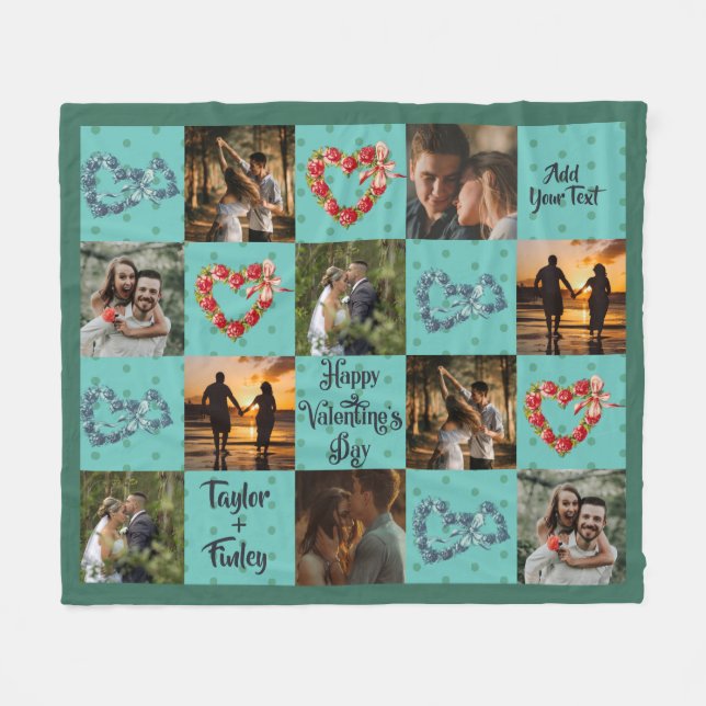 Personalize 10 Photos Happy Valentine's Day Teal Fleece Blanket (Front (Horizontal))