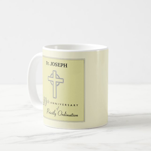 Personalize, 10th Anniversary of Priest Embossed Coffee Mug (Front Left)