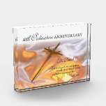 Personalize, 10th Ordination Anniversary, Cross Acrylic Award<br><div class="desc">This beautiful cross and candle on satin white cloth is perfect to celebrate an anniversary of religious life. Celebrate an Anniversary of Religious Life with this gift,  souvenir,  giveaway or party essential.</div>