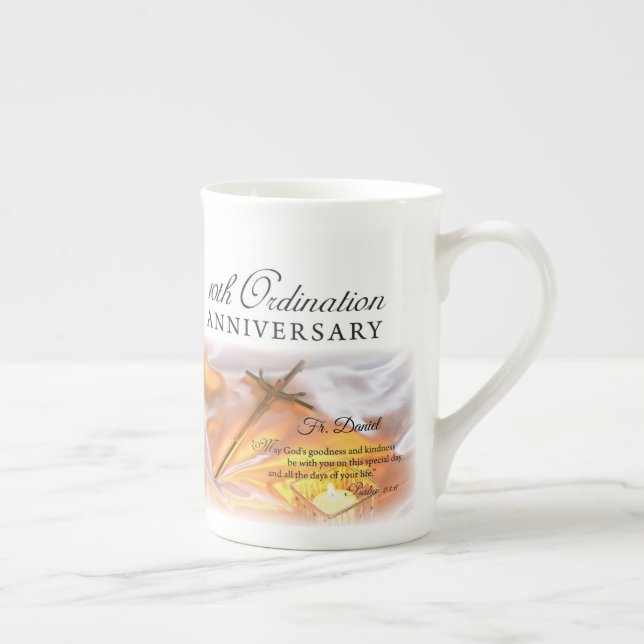 Personalize, 10th Ordination Anniversary, Cross Bone China Mug (Right)