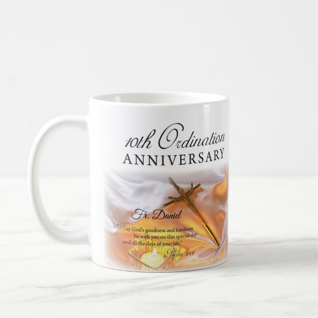 Personalize, 10th Ordination Anniversary, Cross Coffee Mug (Left)