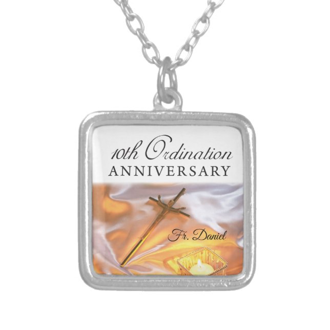 Personalize, 10th Ordination Anniversary, Cross Silver Plated Necklace (Front)