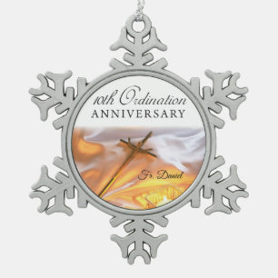 Personalize, 10th Ordination Anniversary, Cross Snowflake Pewter Christmas Ornament