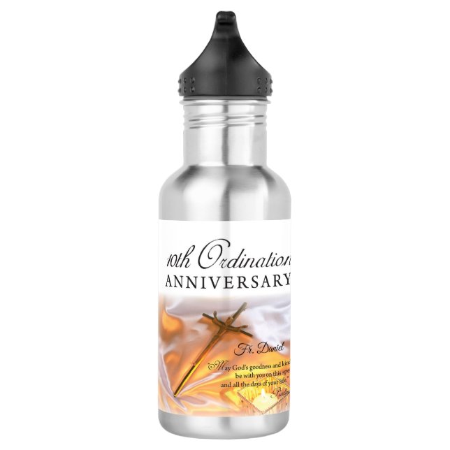 Personalize, 10th Ordination Anniversary, Cross Stainless Steel Water Bottle (Right)