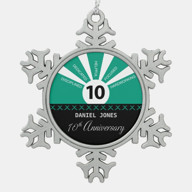 Personalize, 10th Year Employee Anniversary Snowflake Pewter Christmas Ornament (Front)