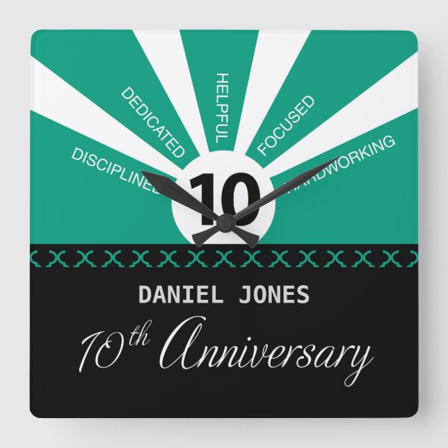 Personalize, 10th Year Employee Anniversary Square Wall Clock (Front)