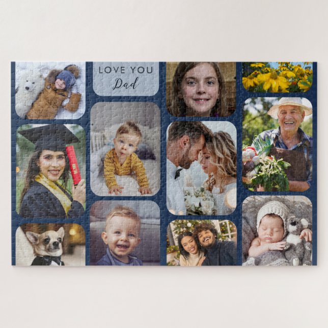     Personalize 11 Photos Navy Modern Love You Dad Jigsaw Puzzle (Horizontal)