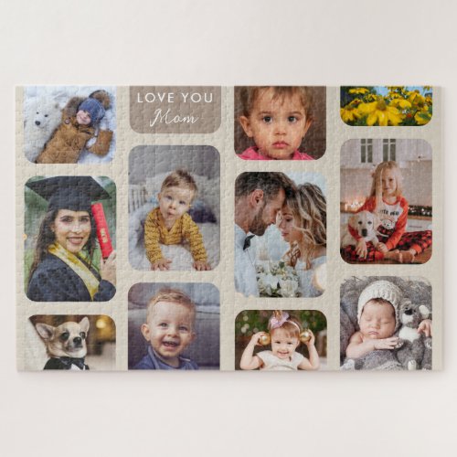    Personalize 11 Photos Taupe Modern Love You Mom Jigsaw Puzzle