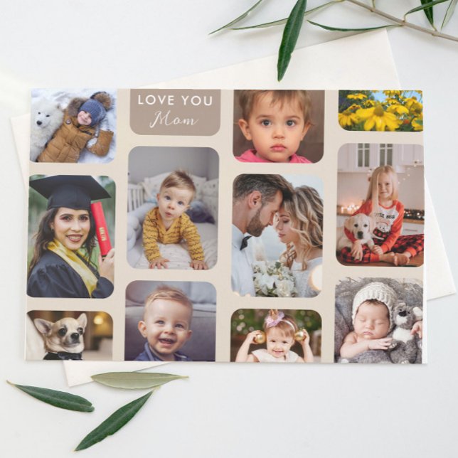    Personalize 11 Photos Taupe Modern Love You Mom Postcard (Creator Uploaded)