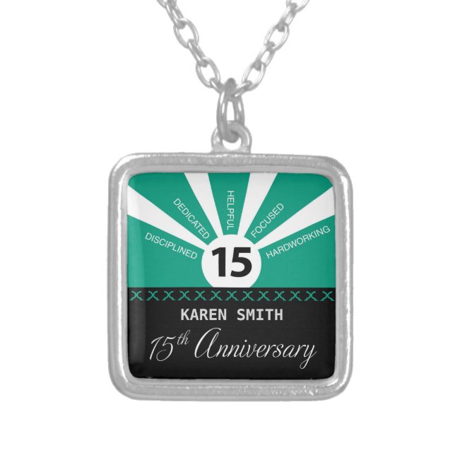 Personalize, 15th Yr Employee Business Anniversary Silver Plated Necklace (Front)