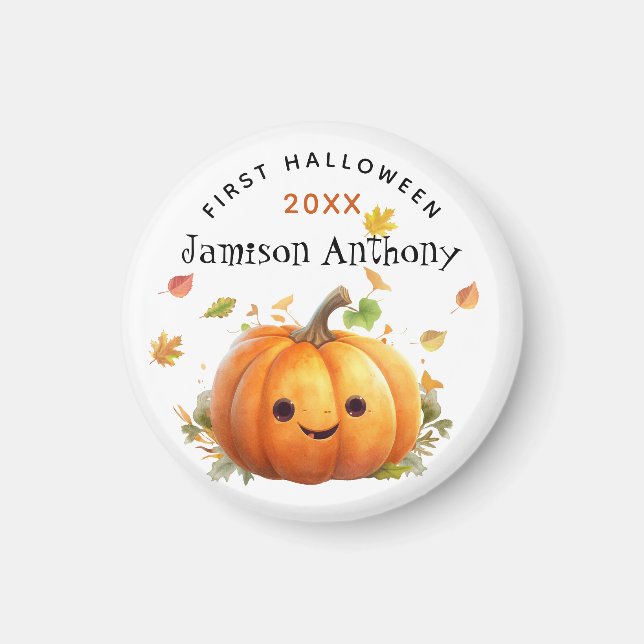Personalize 1st Halloween Cute Pumpkin Leaves Magnet (Front)