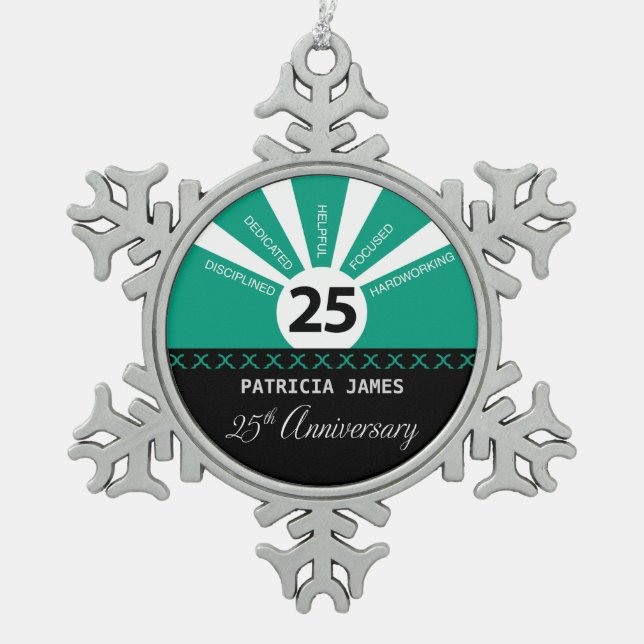 Personalize, 25th Year Employee Anniversary Snowflake Pewter Christmas Ornament (Front)