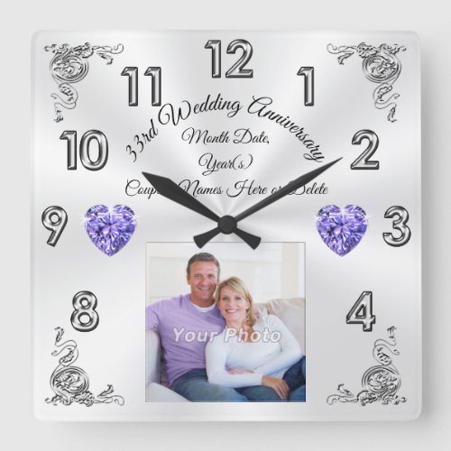 Personalize 33 Year Wedding Anniversary Gift Ideas Square Wall Clock