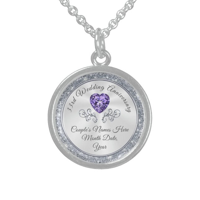Personalize 33rd Wedding Anniversary Gift for Wife Sterling Silver Necklace (Front)