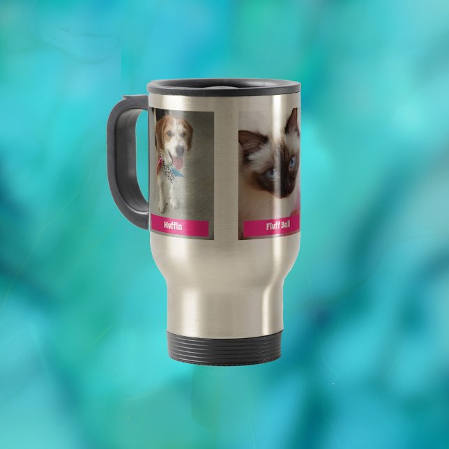 Personalize 3 Pet Photos & Names / Fuchsia Travel Mug (Creator Uploaded)