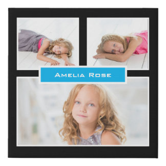Personalize 3 Photo Black White Blue Collage Faux Canvas Print