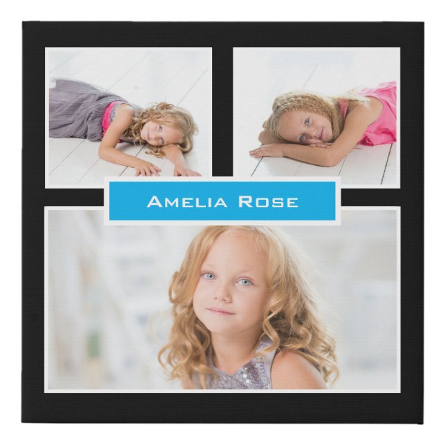 Personalize 3 Photo Black White Blue Collage Faux Canvas Print (Front)