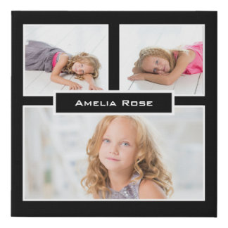 Personalize 3 Photo Black White Collage Faux Canvas Print