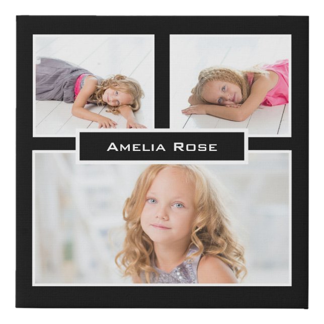 Personalize 3 Photo Black White Collage Faux Canvas Print (Front)