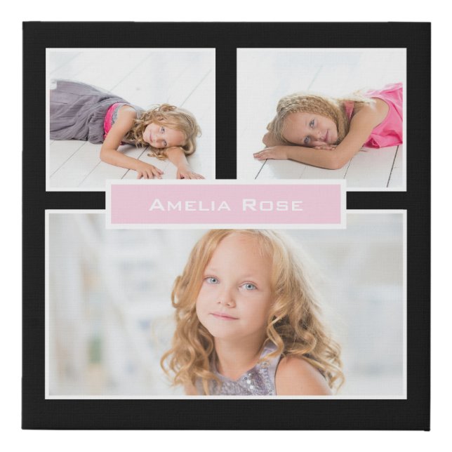 Personalize 3 Photo Black White Pink Collage Faux Canvas Print (Front)
