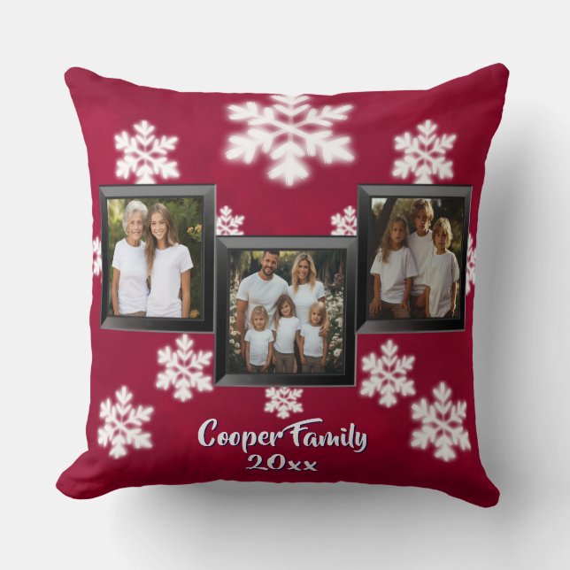 Personalize 3 photo Christmas cheer snowflakes Throw Pillow (Front)