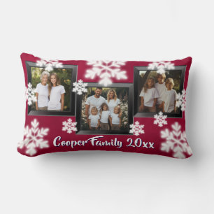 Personalize 3 photo holiday cheer snowflakes lumbar pillow